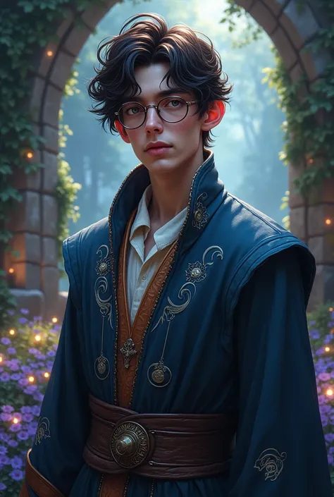  human wizard with short, wavy, dark brown hair wearing glasses and a medieval robe