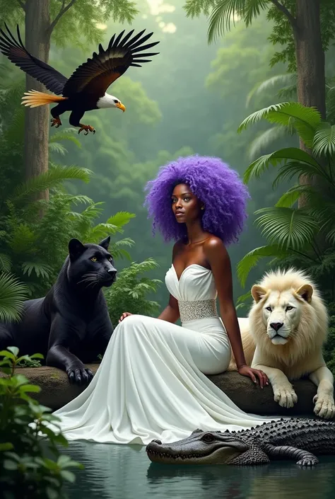 white skin woman, purple curly hair, dressed in a white gown, Red lips, sitting and surrounded by a large black jaguar, a large eagle ,a wolf, A crocodile, a big white lion and plants 
