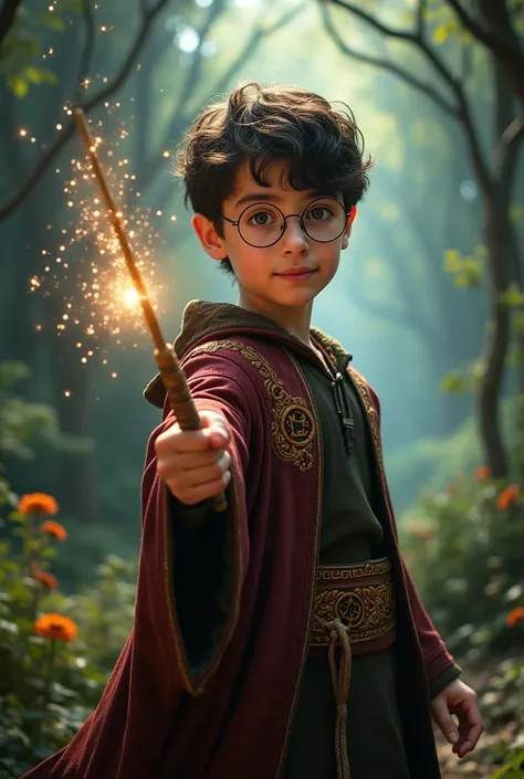 Young human wizard with short wavy dark brown hair wearing medieval glasses and robe