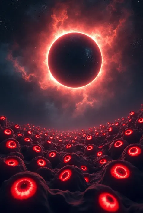 Create a space with multiple red human eyes ,with an eclipse in the background 