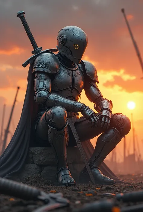 Robot swordsman resting after winning the war 
