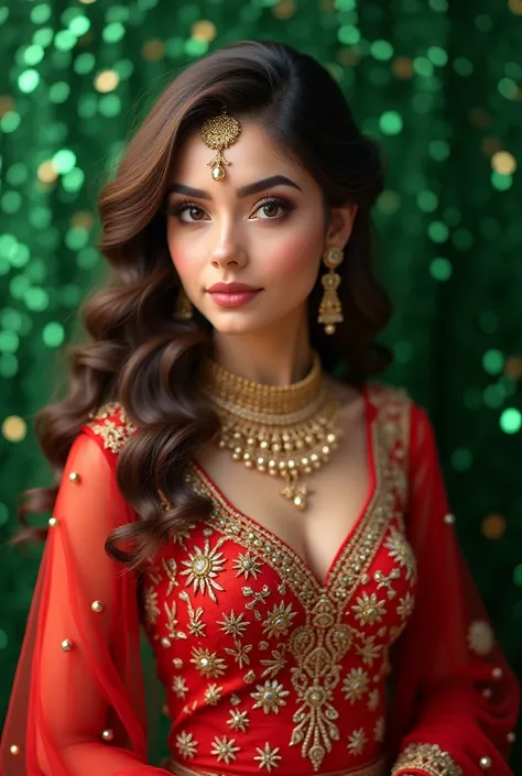 Create a 3D illustration of A 20 year-old girl wearing pakistani Bridel dress in red color with beautiful bridal makup like kashees artist salon mAkup & beautiful jewelry  only  her face & half body i want her image for a beauty salon bridel makup service ...