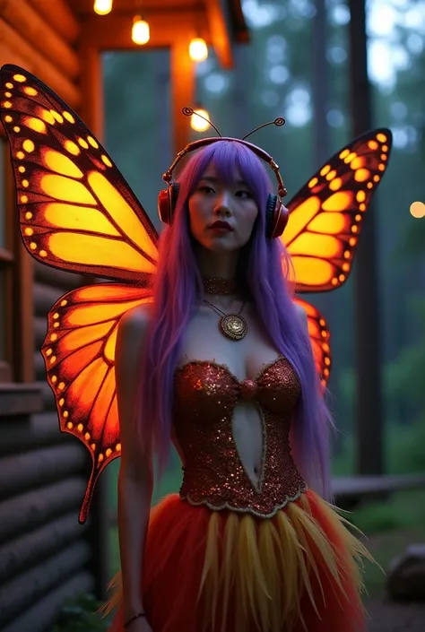 Korean butterfly woman with purple hair wearing headphones and a 2000s themed outfit with red, yellow, and brown feathered clothing, with shimmering brown butterfly wings.  She is at a party in a cabin in the forest at night with slender pine trees. She ha...