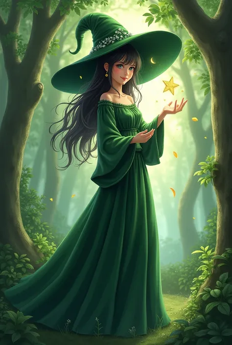 Kiriko, witch hat, long green dress