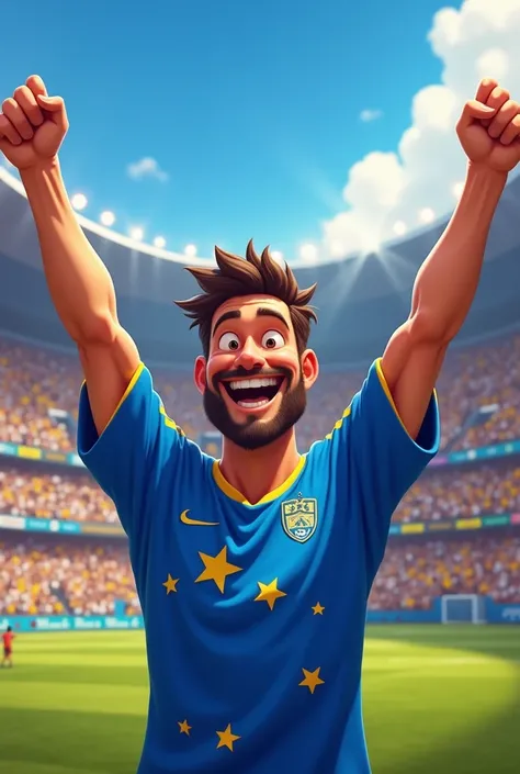 Create an image of a man in the Disney Pixar cartoon style wearing a blue shirt, with the stars of the Cruzeiro constellation on his shirt. This man is at a football stadium, and is very excited cheering for his favorite team