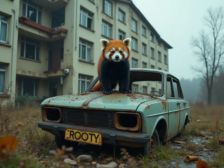 Photo of an abandoned Soviet city. overcast sky, rain. In the center is an overgrown multi-story building, built from panels, with a collapsed balcony, broken windows and rusty remnants of Soviet symbolism. In the foreground is an abandoned Soviet Zhiguli ...