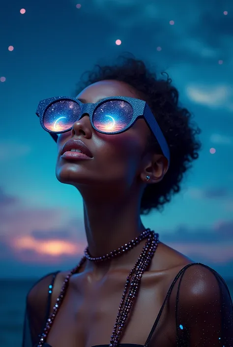 The model is wearing glass sunglasses with stars and the moon on the glass