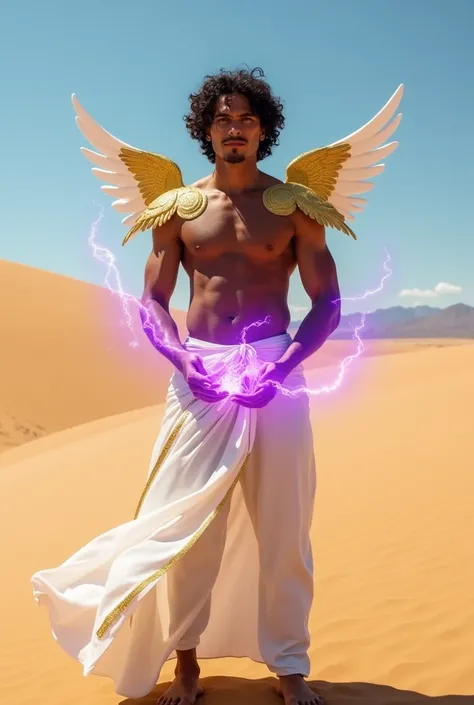 a man of 30, with slightly curly hair that reaches his shoulders, white clothes with golden stripes that go from his belly to his pants, A serious face, with golden shoulder pads referencing angel wings, in his hands, purple energy emanates, in a desert en...