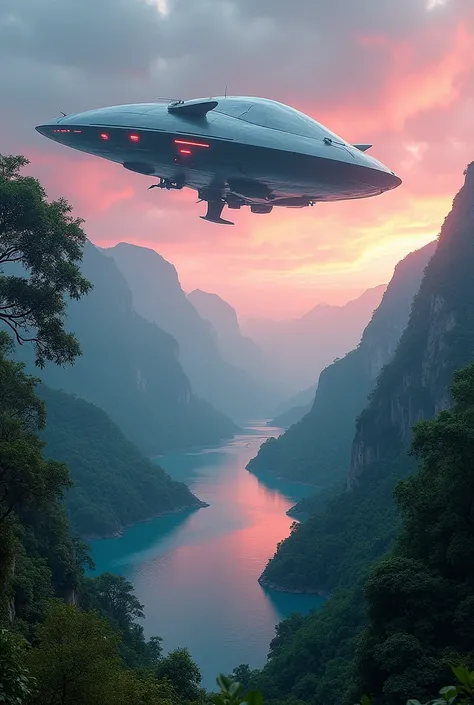 Natural landscape with a futuristic spaceship hovering above 