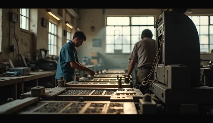 Wide shot, Wide camera captures a printing workshop full of movement, with workers adjusting type and the press in action. The heat of human labor and craftsmanship is evident, Red komodo, 24mm prime lens.