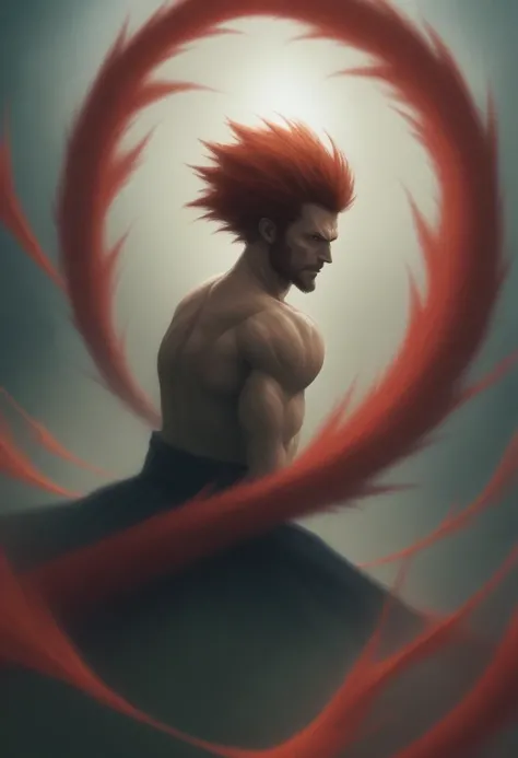 Male ein surreales Bild von Hugh Jackman als Wolverine. With Mask. Waiting position with a view into the distance, in a mystical forest with a beautiful sky. Far above, a burning red phoenix hovers in the sky between the clouds.