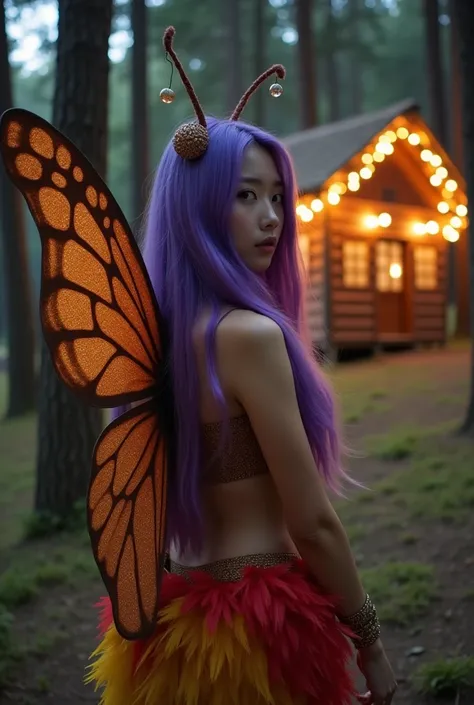 Korean butterfly woman with purple hair wearing a 2000s themed outfit with red, yellow, and brown feathered clothing and shimmering brown butterfly wings. Shes at a forest party at night in a cabin with slender pine trees, a perfect body and short clothing...