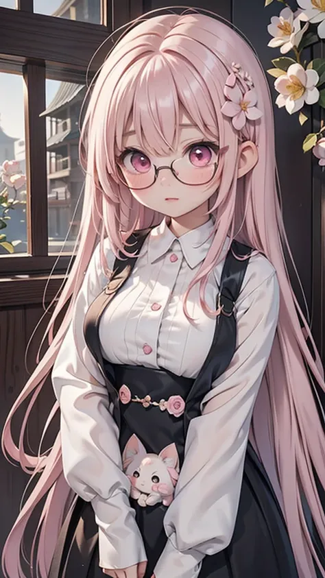 Young Asian  fairy、aisha:
- Delicate, transparent wings- Large pink eyes- Medium length cherry-colored hair- Flower petal ornaments- Well-proportioned figure- Ample breasts- Wears black-rimmed glasses- Overall cute、Gentle atmosphere - Shy、Frightened expres...