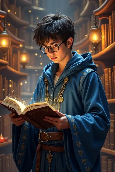 Young human wizard with short dark brown hair wearing prescription glasses