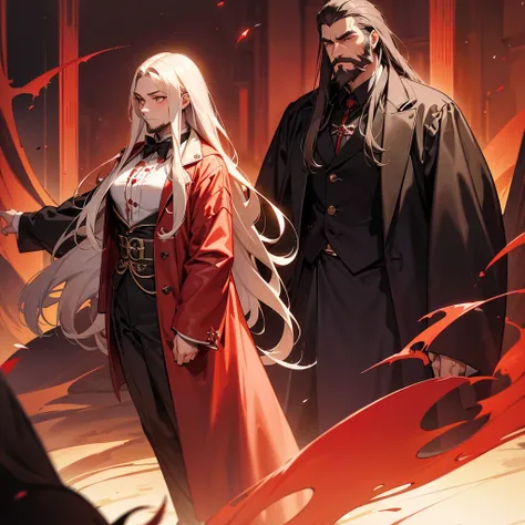 a man with long hair and a beard, wearing a red vampire coat, a male member of the Banu Hakim clan, vampire lord, Castelvania, Count Dracula