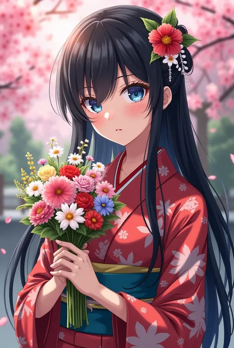 anime young adult with long black hair, blue eyes, pink earring, flowers tied to the back of hair, holding bouquet of flowers to the face, wearing kimono, makeup, serious face
