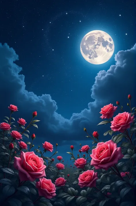 Draw me 17 roses with 17 stars that stand out in the sky on a beautiful night 