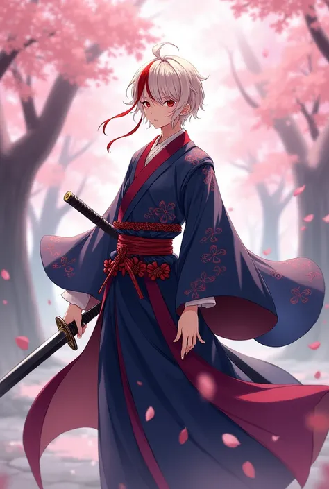 Create a drawing in the style of the official game art "genshin impact" featuring the character Kaedehara Kazuha, the platinum blonde with a red strand on the left side of their bangs, With samurai style clothing, that it adheres to the appearance of the m...