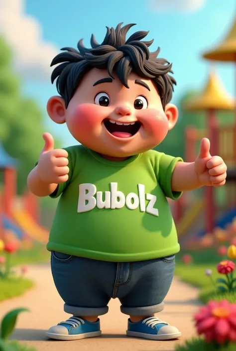 Chubby smiling 3D doll, naughty man, middle-age, dark hair, without glasses, green t-shirt dress with German writing Bubolz and jeans, giving a thumbs up, 