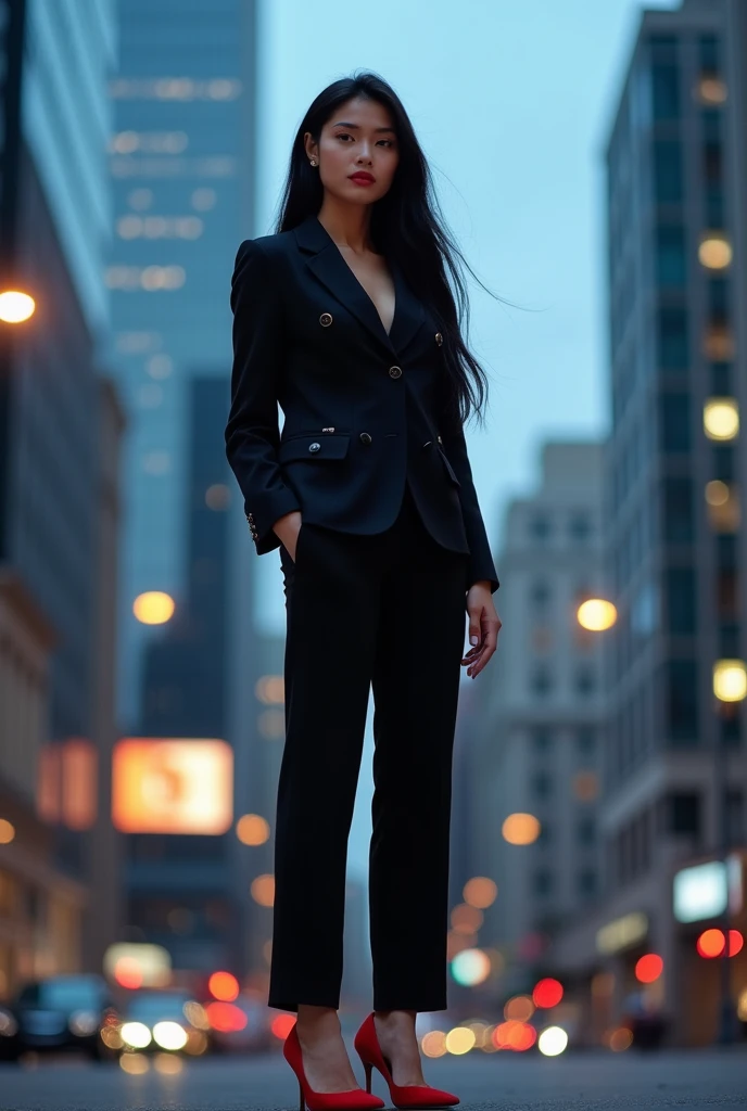 give me a picture of a young tall woman around 19 years of age with a long black hair wearing a black suit and red heels