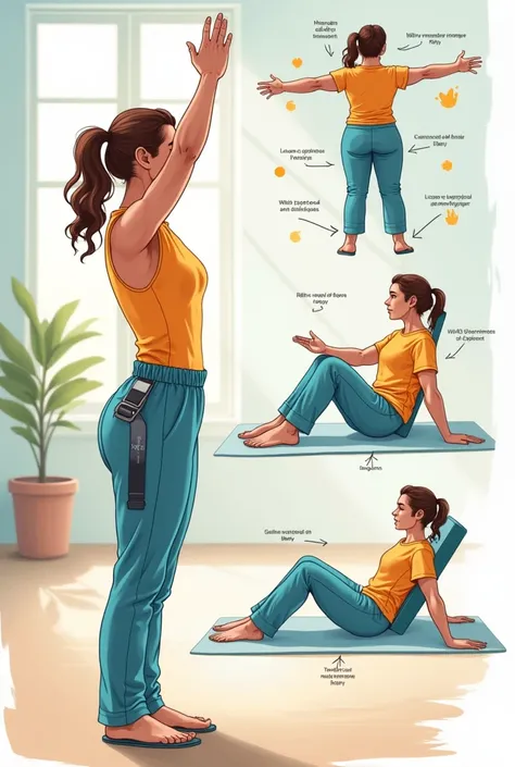 Drawing representing the proposed physiotherapy exercises, as mobilizations, stretching, Strength exercises for a C6 spinal injury Illustrations of transfer and strengthening techniques.