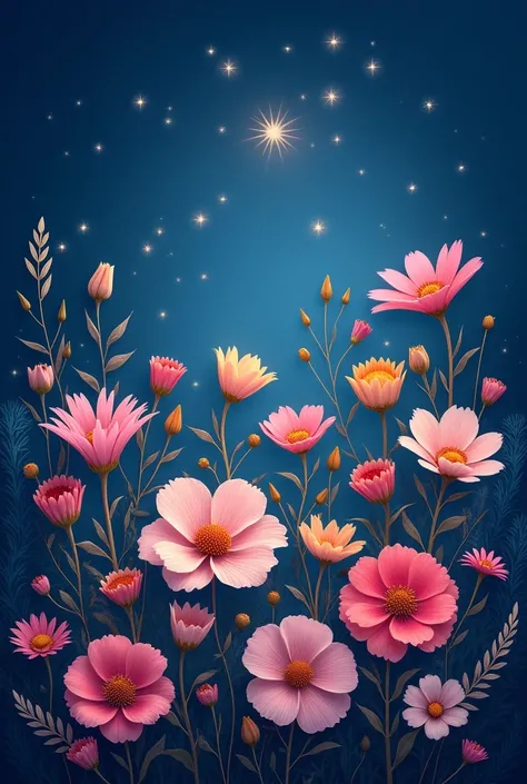 Draw me 17 flowers that have a beautiful night in the background and that with 17 stars form the letter J 