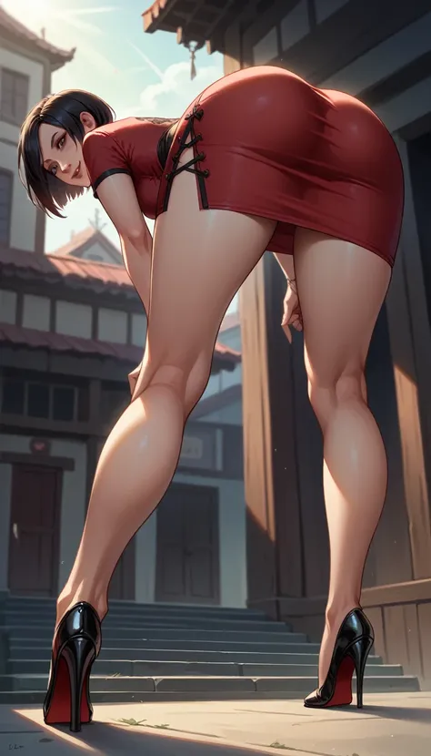 1 girl， solo， Ada Wong in the Resident Evil 4 remake， short detailed hair， brunette color hair， Red cheongsam， Short-sleeved shirt，， nedium breasts， upper legs， hindquarters， black heels， Adrianas face， audience looking， sly smile， The pistol was hung arou...