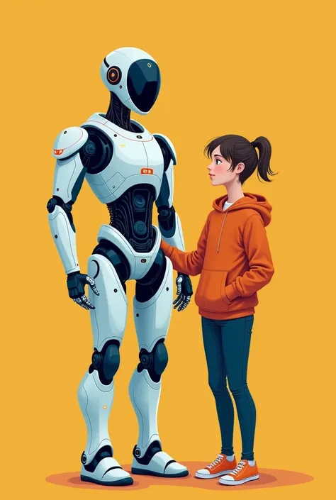 create an image where you see a more advanced humanoid robot, alongside a human as a magazine cover with a simple drawing style on a solid color background
