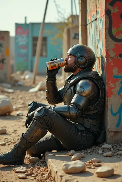 Tek Warrior drinking a beer around the rubble 