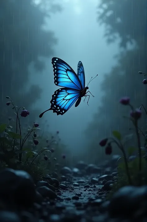 A blue butterfly, Its gloomy