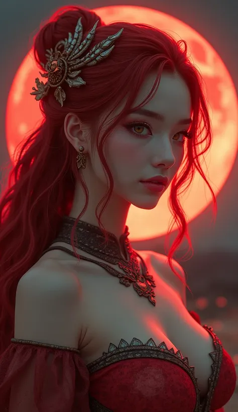 japanese woman with red hair, brown eyes, big breasts and a full moon in the background, red luna, Ross Tran 8K, madison beer as leeloo, karol behind uhd, luna goddess, Alice X. zhang, Edgar Maxence and Ross Tran, luna , moon goddess, loish and ross tran, ...