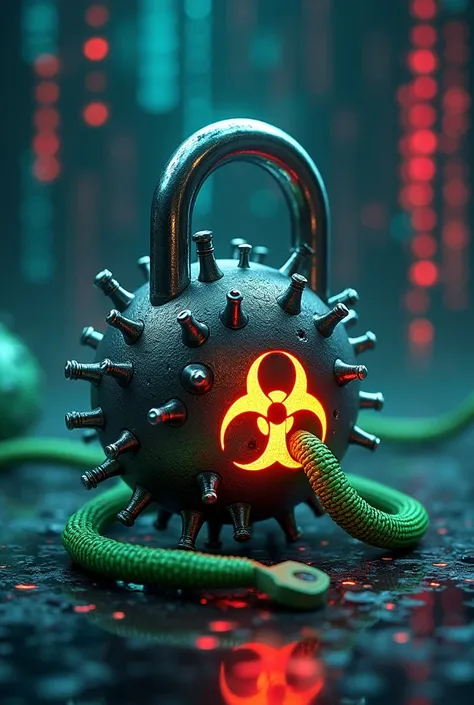 Create a drawing where a padlock looks like a virus and the key looks like a worm and is going to enter the padlock.