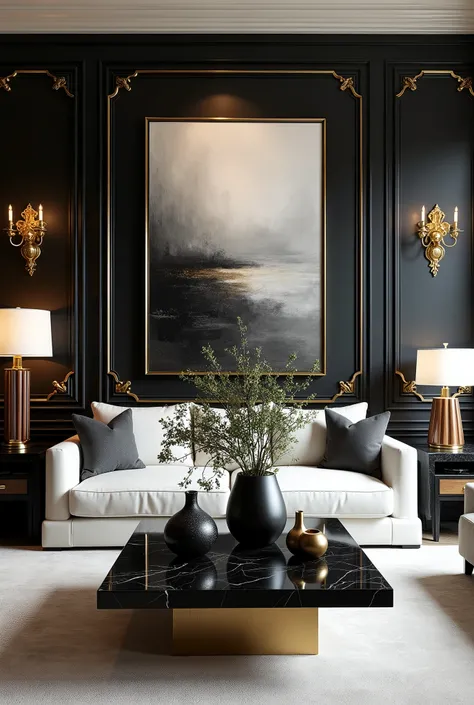 Design a luxurious and elegant living room with a refined, modern aesthetic. The space features a sleek white sofa set against a black accent wall with gold trim, creating a striking contrast. A large, abstract black-and-white painting with hints of gold d...