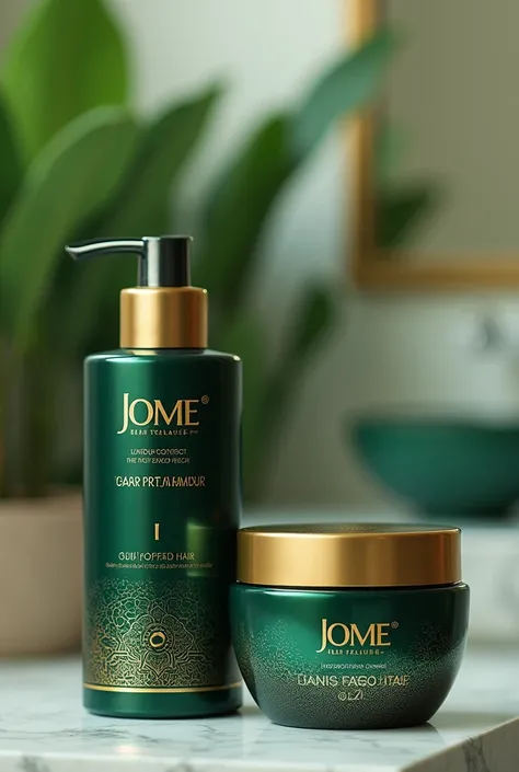 Hair treatment product for damaged hair, whose container should be premium line in gold and emerald color with a push-type dosing valve with an innovative design with the brand name JOME hair treatment and its respective box 