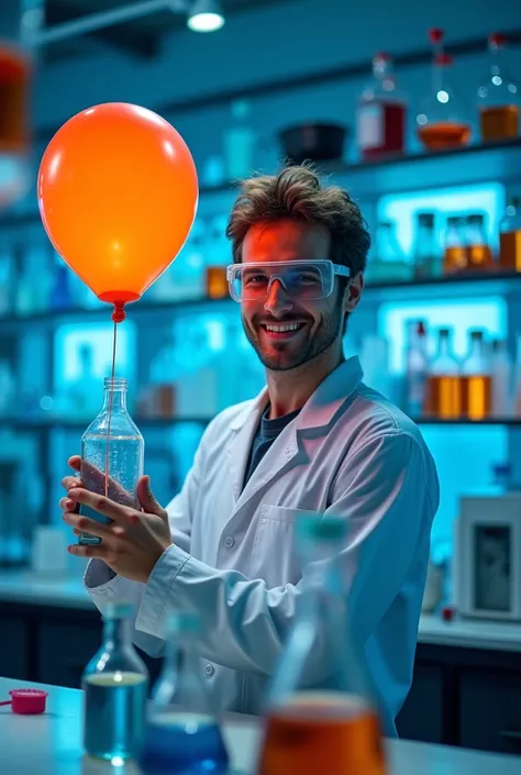 A scientist holding a plastic bottle with a balloon on top