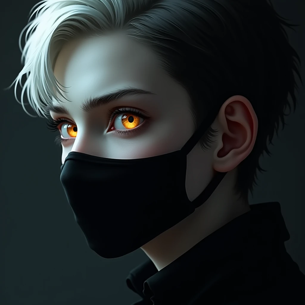 boy, pale skin, beautiful golden eyes, white hair, wearing black mask, black hair, serious expression, dark aesthetic, profile picture, moody, dramatic lighting, digital art, highly detailed, photorealistic, 8k, (best quality,4k,8k,highres,masterpiece:1.2)...