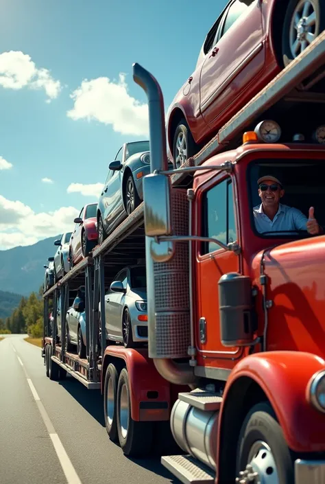 I want an image of a car carrier truck, the kind that transports cars horizontally, with a car loaded on the back. The driver is sitting in the trucks seat and sticking his hand out the window with his thumb up.