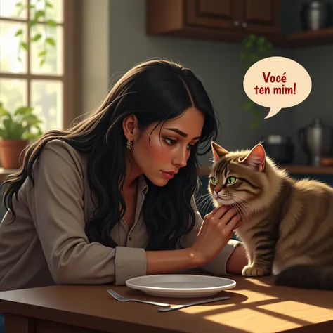 super realistic and detailed image of a woman falling on the table and crying, The cat comforts her by putting her hand on her head and her talking balloon says "You have me!" written in Portuguese