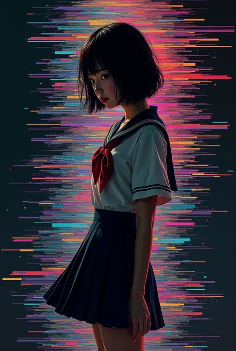 Glitch art movie poster, [sideways facing Japanese school miniskirt girl] in the center, dark background, glitch colors in the style of strong glitch effect, striped many graphic defects, very detailed, stunning image