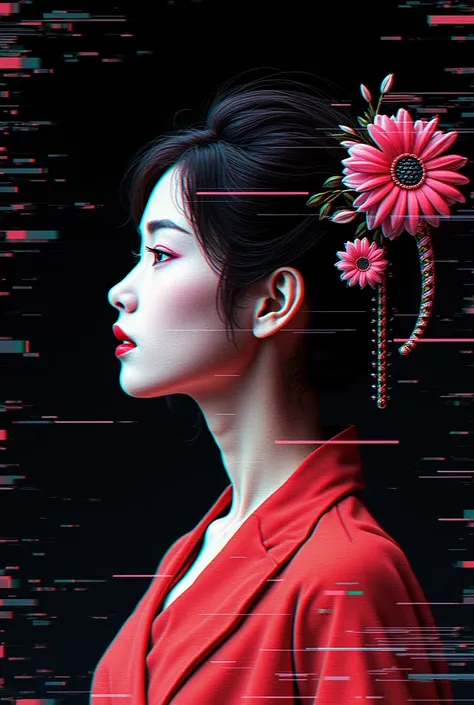 Glitch art movie poster, [sideways facing Japanese woman] in the center, dark background, glitch colors in the style of strong glitch effect, striped many graphic defects, very detailed, stunning image