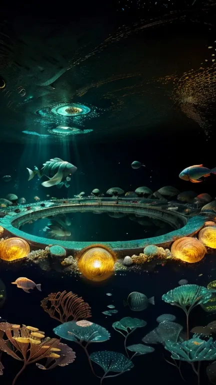 original，（Highest quality），（masterpiece：1.1），（Highly detailed CG unity 8k ），（Extremely colorful：1.2），deep sea，Ancient times，ancient fish，Dolphin，Swim gracefully，未来のdeep sea都市，Japan Trench，Atlantis Continent，Reflection of the universe，Vast space，fusion of t...