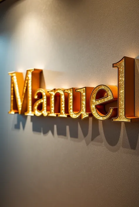 Create an image with the name manuel, silver background, illuminated gold letters.
