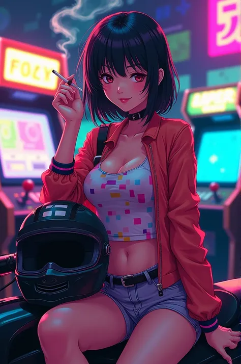 Retro arcade anime girl, 80年代のAnime atmosphere, 80s anime style, Retro anime, 1980s anime style, Retro anime images, Anime atmosphere, Hes sitting on his motorcycle, helmet off, looking at me., Smoking a cigarette, Youtube thumbnails