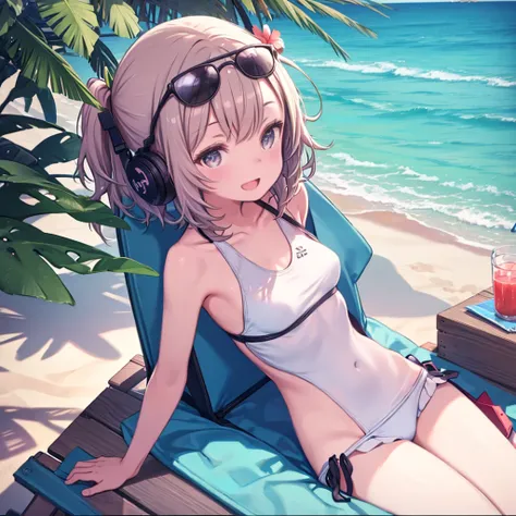 One Girl、Sandy Beach、Swimsuit、Beach parasol、Shade、Sitting on a fabric folding chair、Tropical juice on the table、Light colored sunglasses、Angle from above、Watching the audience、Listening to music through headphones、smile、Open your mouth a little、Lean back、