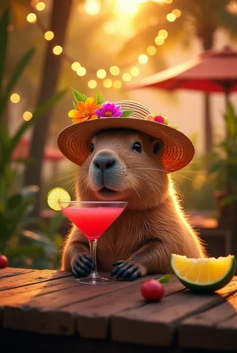 A capybara drinking a cosmopolitan