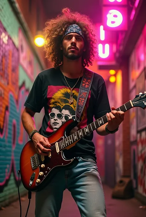 a musician man wearing 1985 clothes