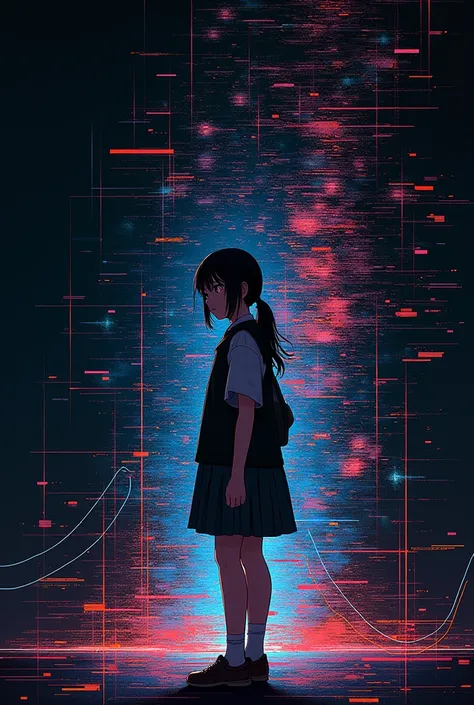 Glitch art movie poster, [sideways facing Japanese school girl] in the center, dark background, glitch colors in the style of strong glitch effect, striped many graphic defects, very detailed, stunning image