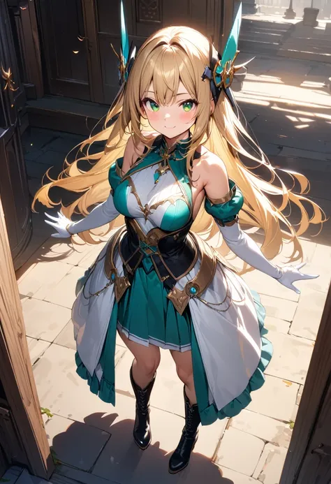 (masterpiece),(best quality),(ultra-detailed),(best illustration),(best shadow),(absurdres),(detailed background),(very aesthetic), 1girl, green-eyes, solo, gloves, blonde-hair, ((long-hair)), white-gloves, looking-at-viewer, full-body, simple-background, ...