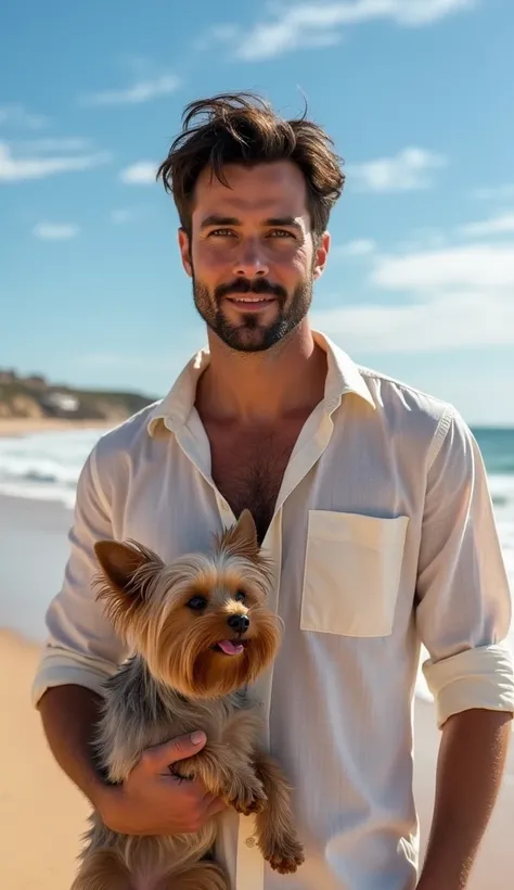 A 39-year-old white man, model type with dark hair,  rent beard, clean eyes,, Sheer Light Shirt, sitting on the beach in the Algarve with a Yorkie terrier licking his face