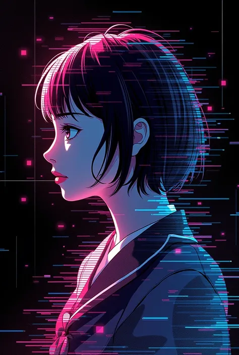 Glitch art movie poster, [sideways facing Japanese school girl] in the center, dark background, glitch colors in the style of strong glitch effect, striped many graphic defects, very detailed, stunning image